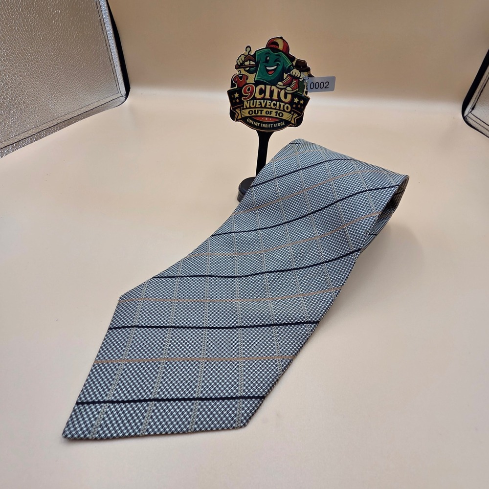 Valerio Garati Mens Silk Tie Grey Black Tan Grid Diagonal Stripe Handmade 4 Inch